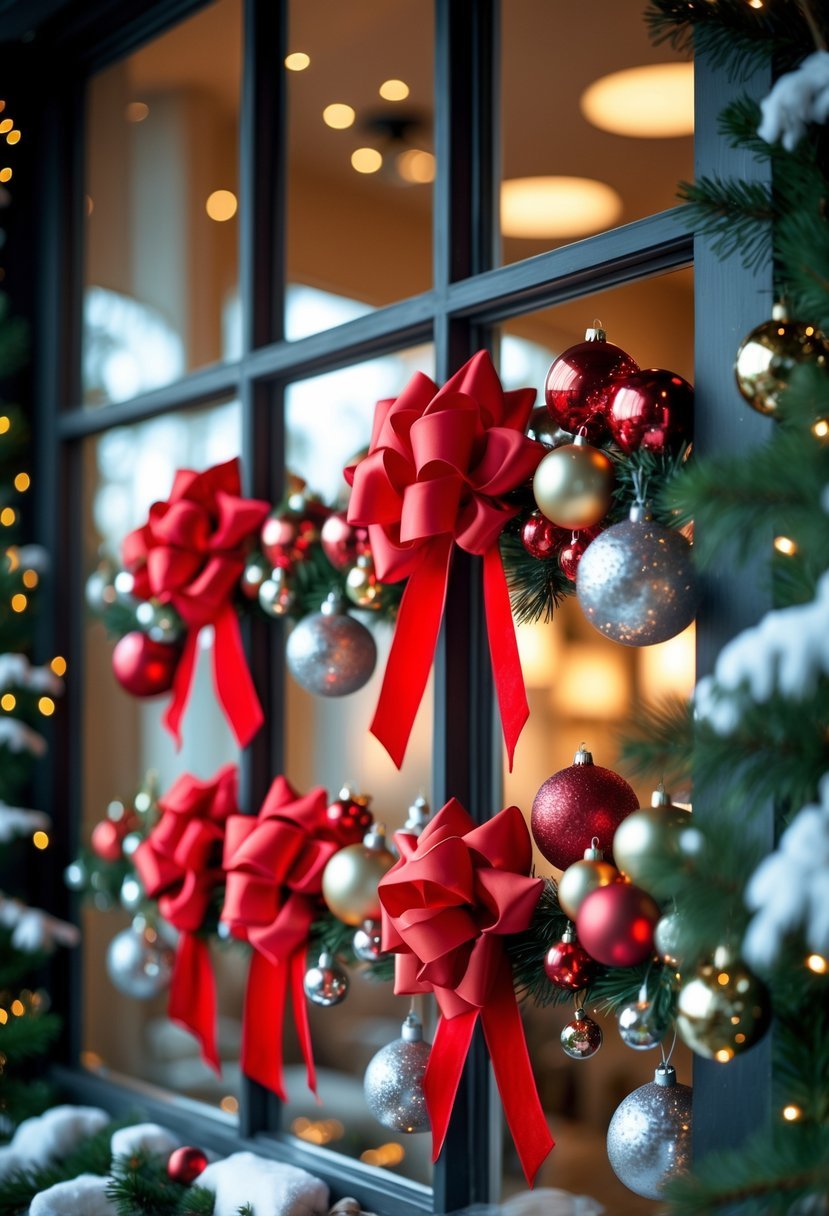 A Christmas window decorated with red bows, colorful ornaments, and pine branches.