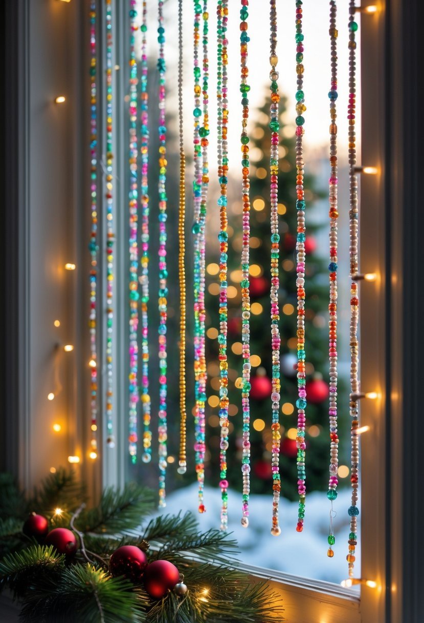 A window decorated with a colorful beaded curtain and Christmas ornaments, with soft light shining through and snow visible outside.