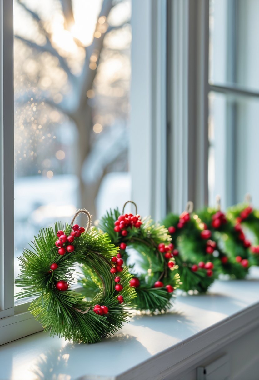 Mini Christmas wreaths with red berries and pine arranged on a window sill with a snowy outdoor background.