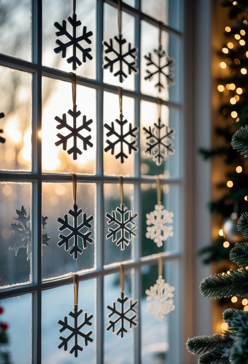 A window decorated with silhouette snowflake cutouts, with soft daylight shining through and a snowy winter scene visible outside.