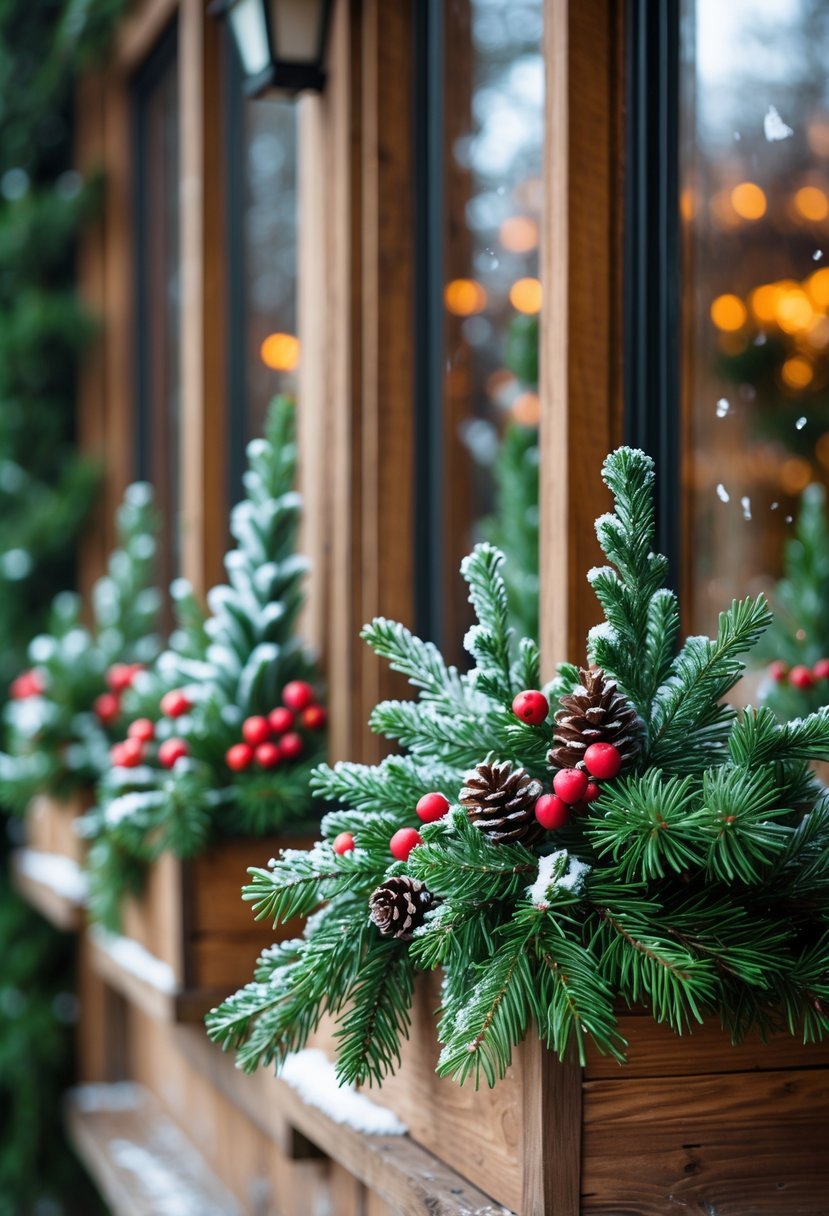Window boxes filled with evergreen sprigs, red berries, and pine cones outside a house window during winter.
