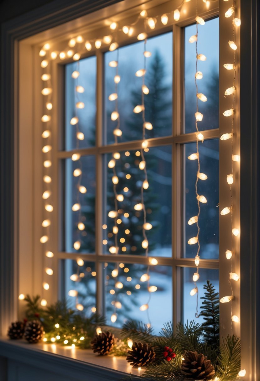 A window decorated with cascading warm white icicle string lights and festive holiday accents on the sill, with a snowy winter scene outside.