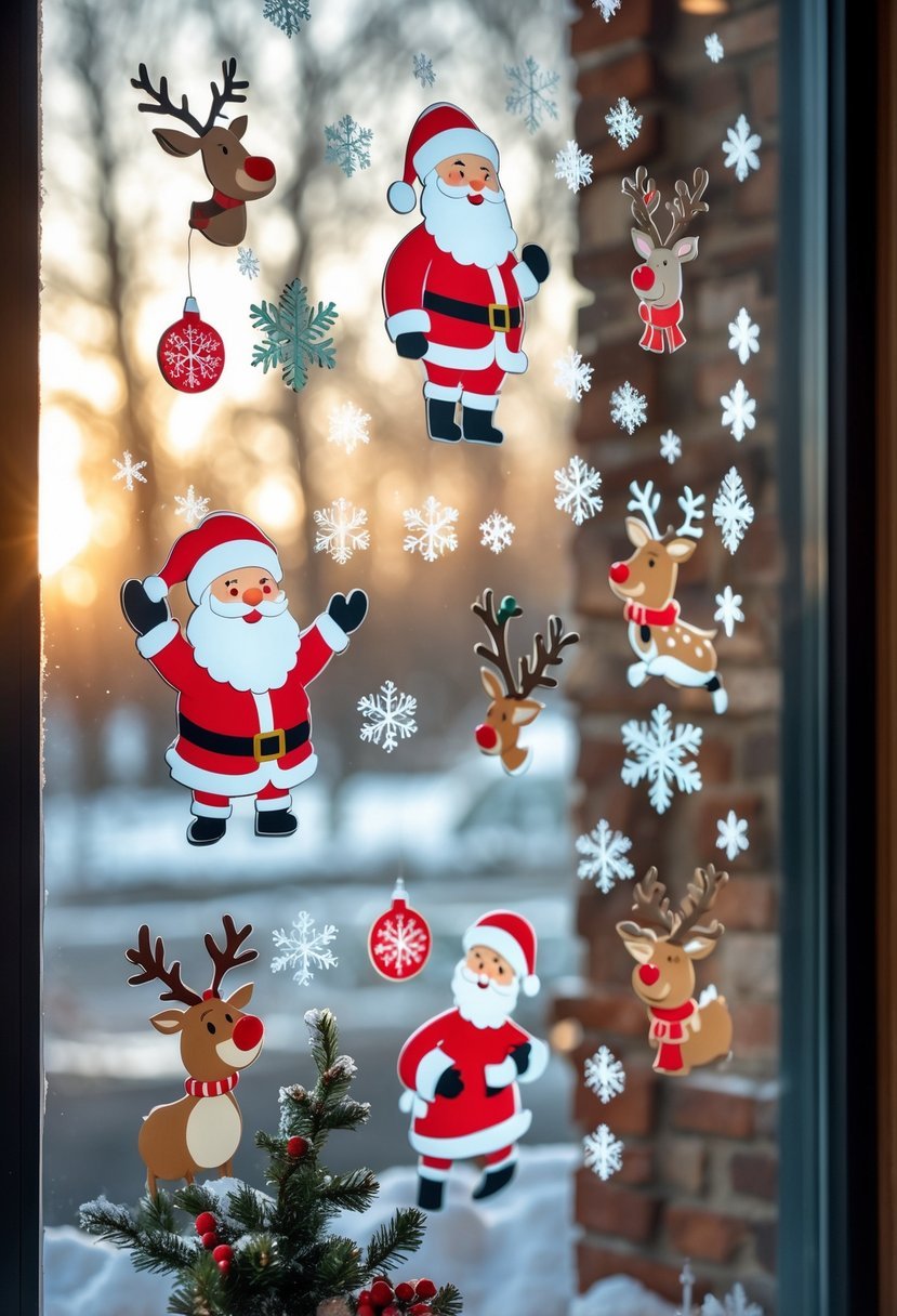 A window decorated with colorful Santa Claus and reindeer decals with a snowy landscape outside.