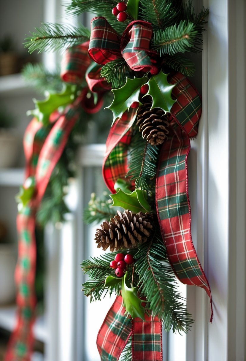 A window decorated with plaid ribbons, pinecones, and evergreen branches for Christmas.