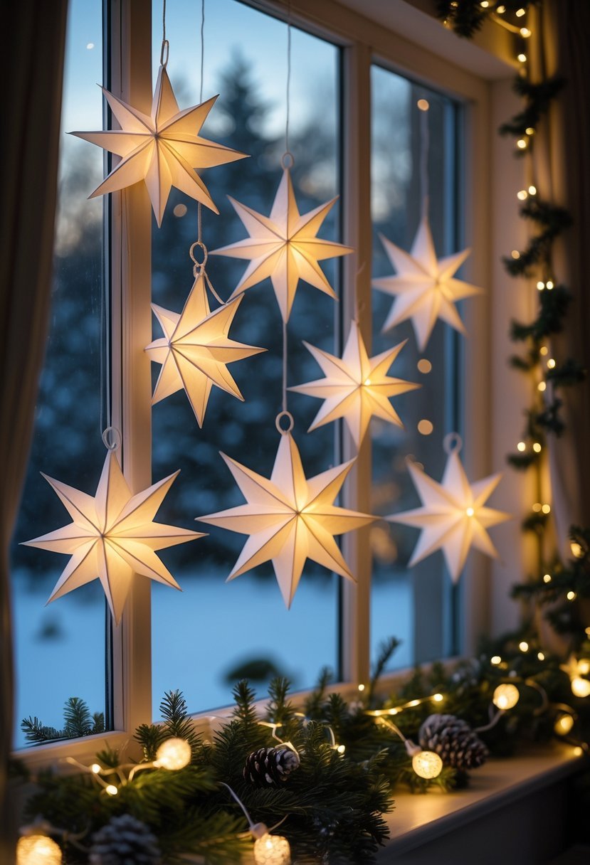 A window decorated with multiple glowing paper star lanterns and a snowy outdoor scene visible through the glass.