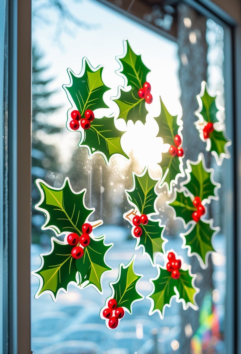 A clear window decorated with holly leaf and red berry stickers with a snowy outdoor scene visible through the glass.