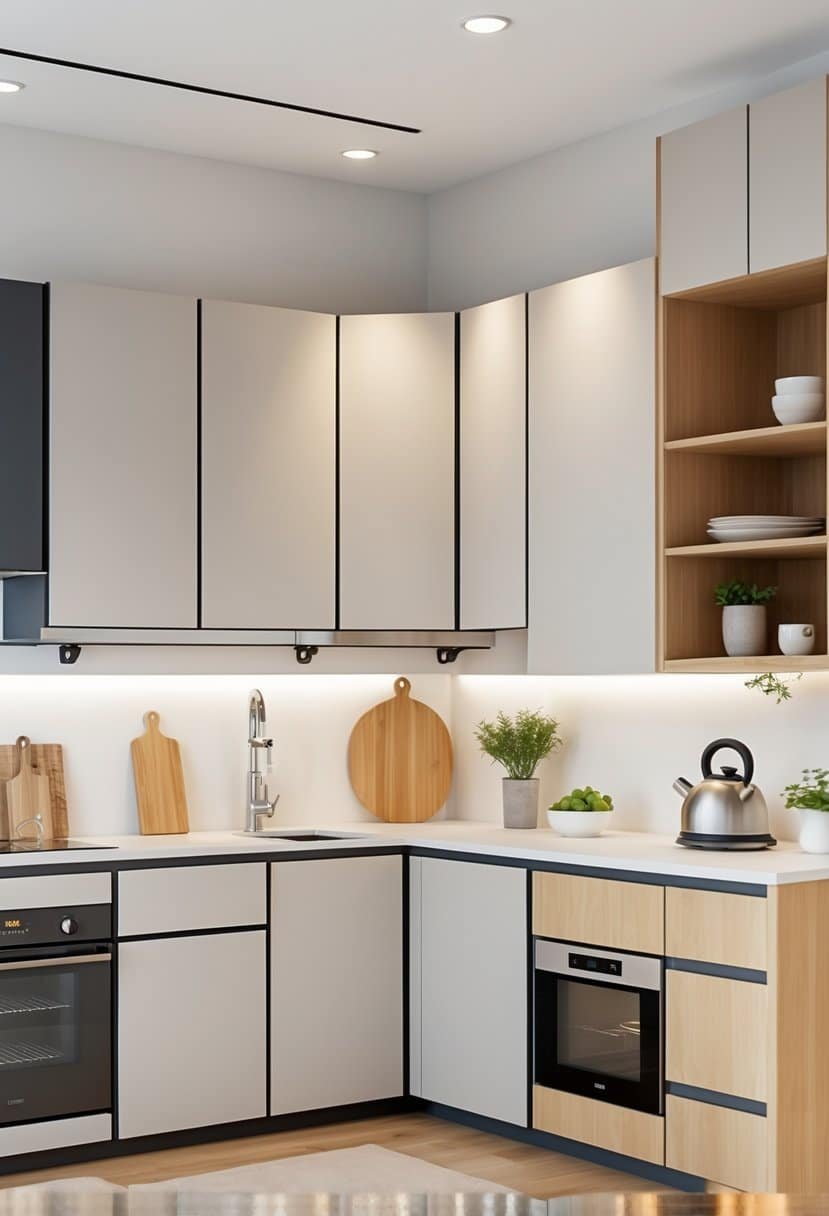 A modern small kitchen displaying various kitchen cabinet designs arranged to show different storage options and layouts.