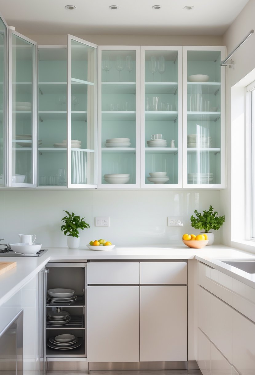 A small kitchen with glass-front cabinets showing neatly arranged dishes, a clean countertop, and natural light creating a bright and open space.