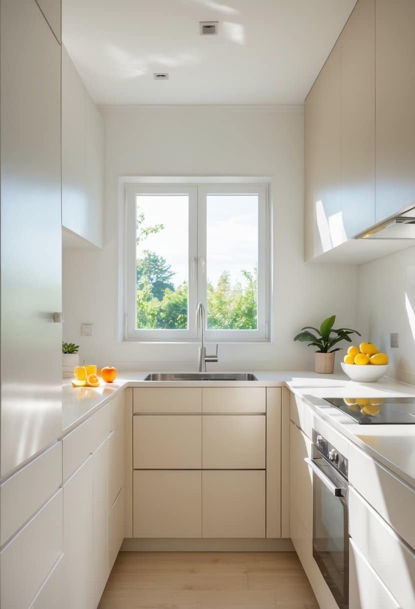 A small kitchen with light-colored cabinets and natural sunlight illuminating the space.