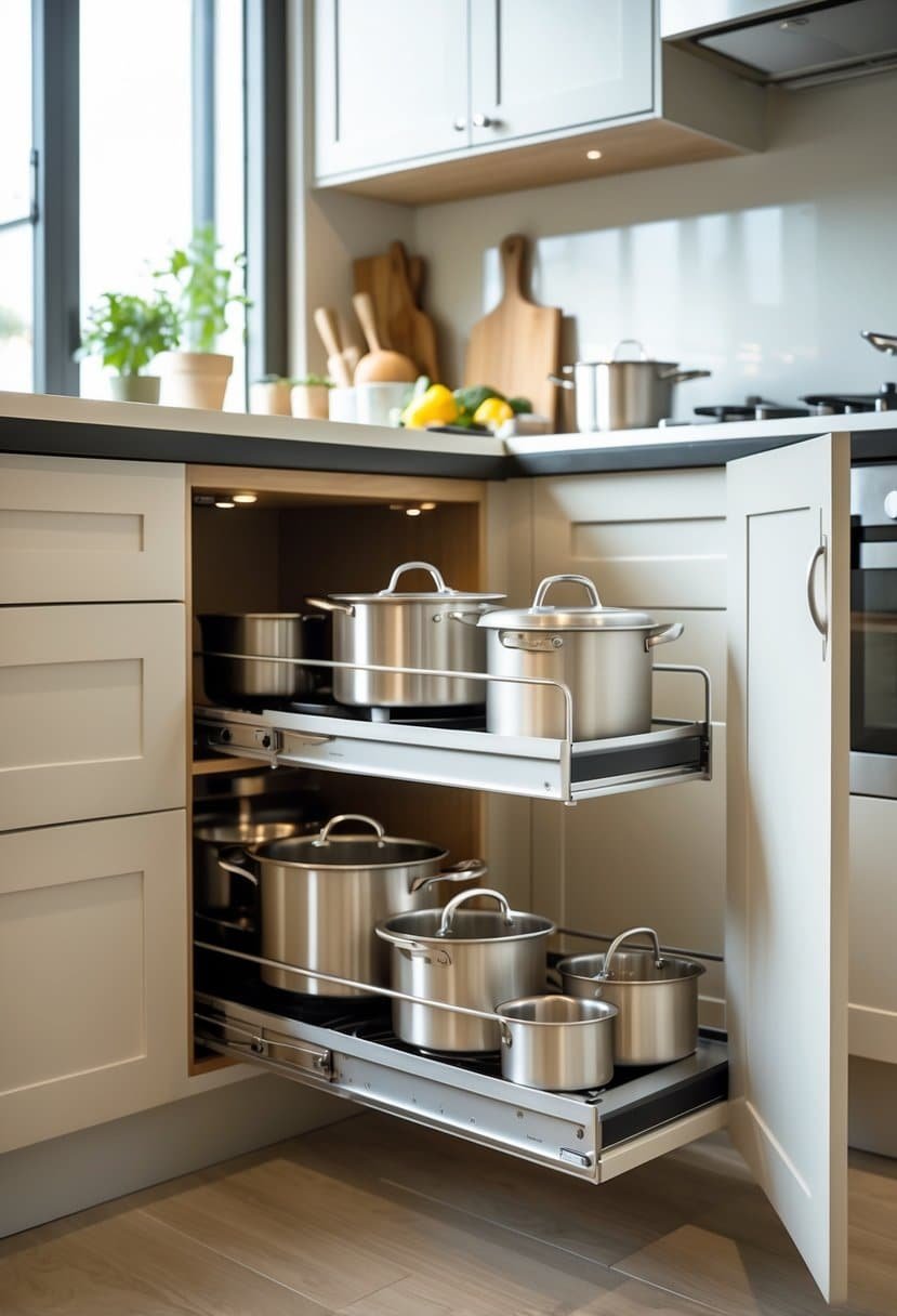 Open kitchen cabinet with pull-out shelves holding organized pots and containers in a small kitchen.