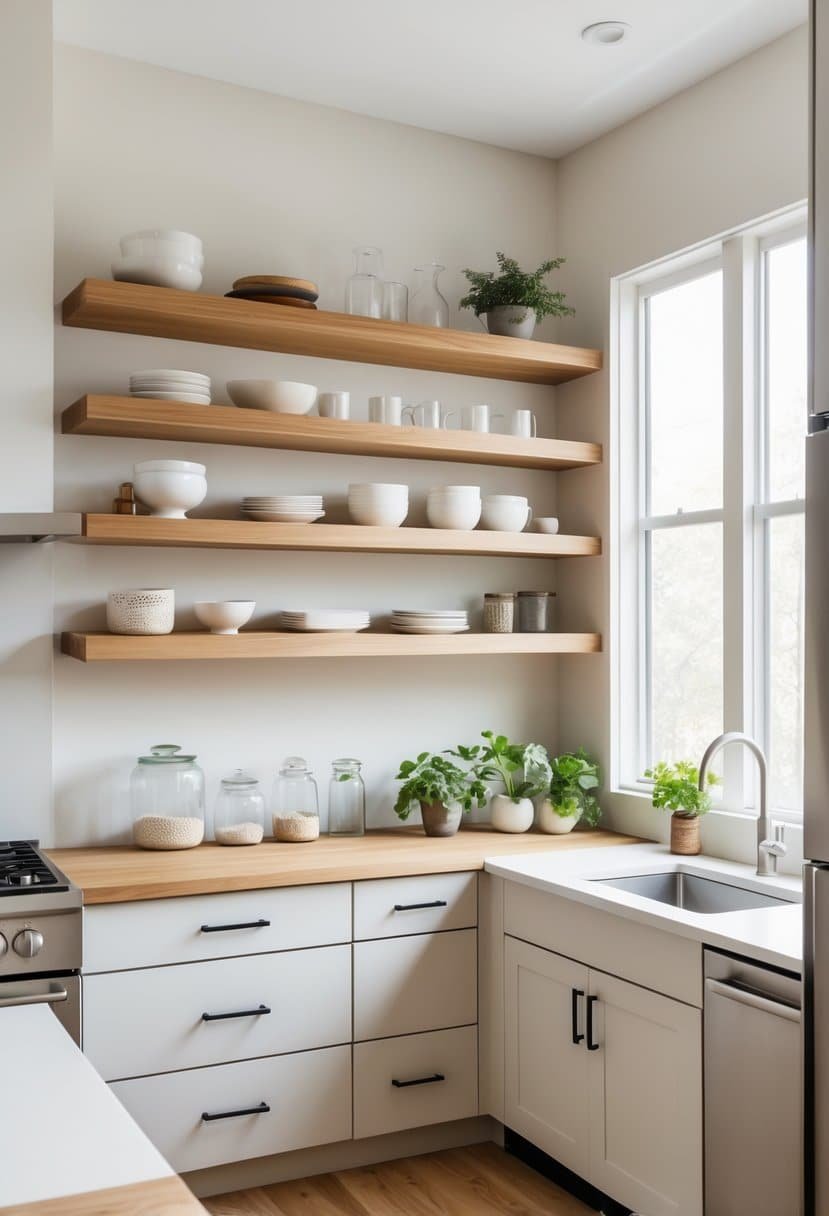 A small kitchen with open shelves holding dishes and plants above compact cabinets, with natural light coming through a window.