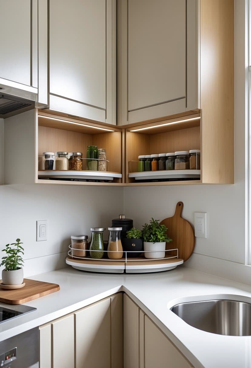 A small kitchen corner with open cabinets showing rotating lazy Susan shelves filled with kitchen items.