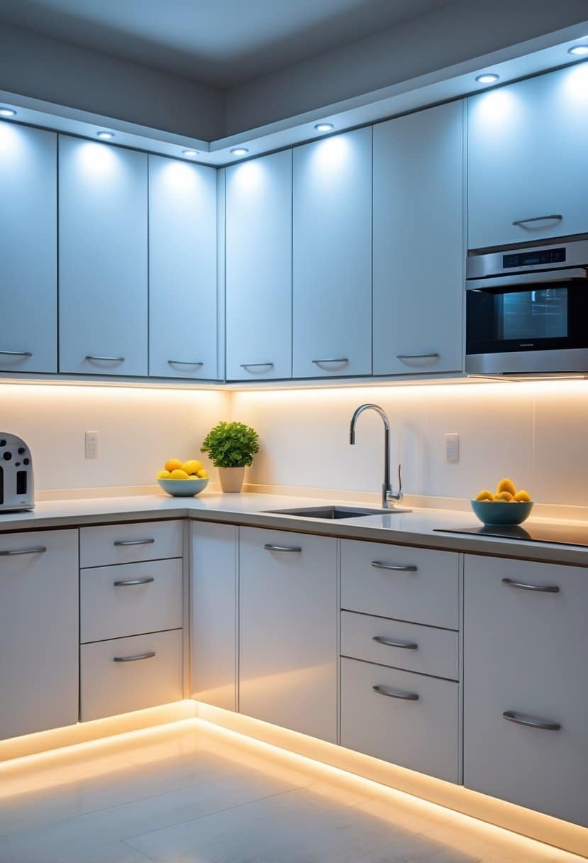 A small kitchen with various cabinet designs and under-cabinet lighting illuminating the countertops.