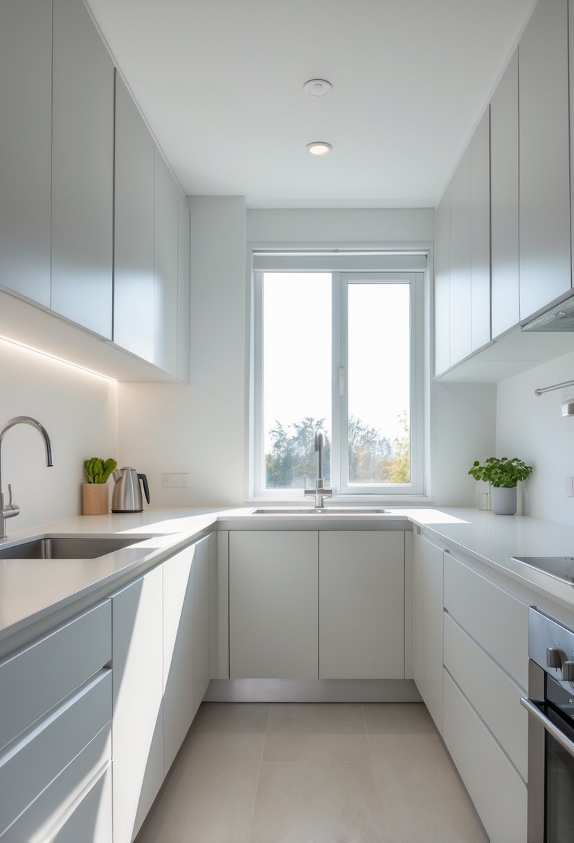 A small kitchen with flat-panel cabinet doors, a clean countertop, and built-in appliances under natural light.