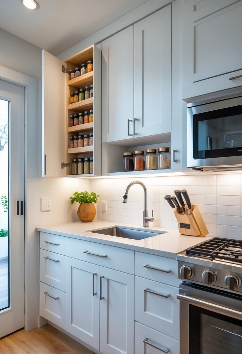 A small kitchen with white cabinets, one cabinet door open revealing built-in spice racks filled with spice jars.