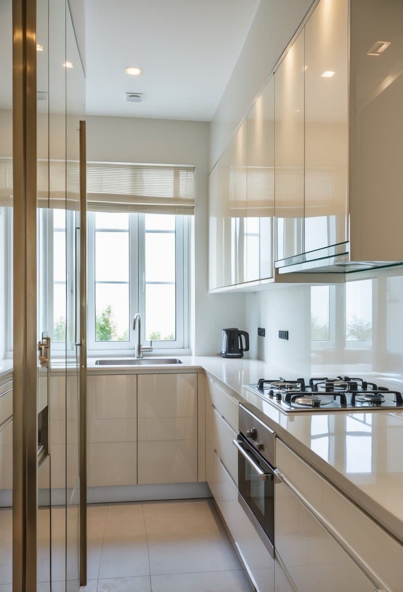 A small kitchen with glossy, reflective cabinets and a bright, compact layout.