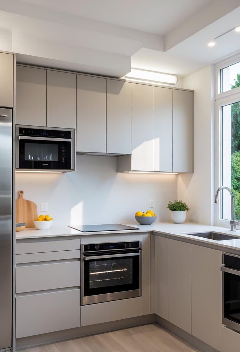 A small kitchen with built-in appliances integrated into cabinets, showing various cabinet designs optimized for limited space.