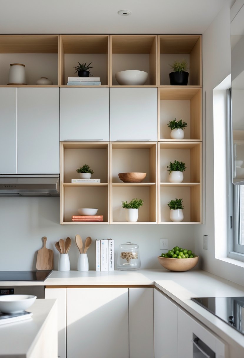 A small kitchen with upper cabinets that have open tops and cubbies displaying decorative items like plants and bowls.