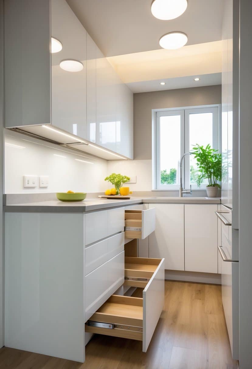 A small modern kitchen with white cabinets and hidden toe-kick drawers at the base for extra storage.