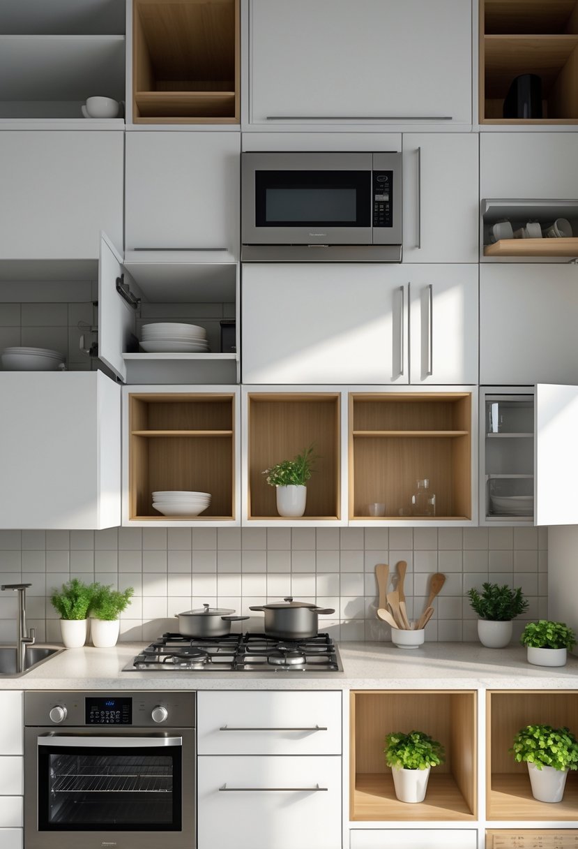 A compact kitchen with sixteen small modular units including cabinets, drawers, shelves, and appliances arranged neatly in a bright space.