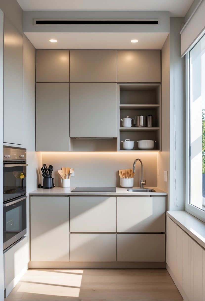 A small kitchen with tall modular cabinets extending to the ceiling and organized shelves.