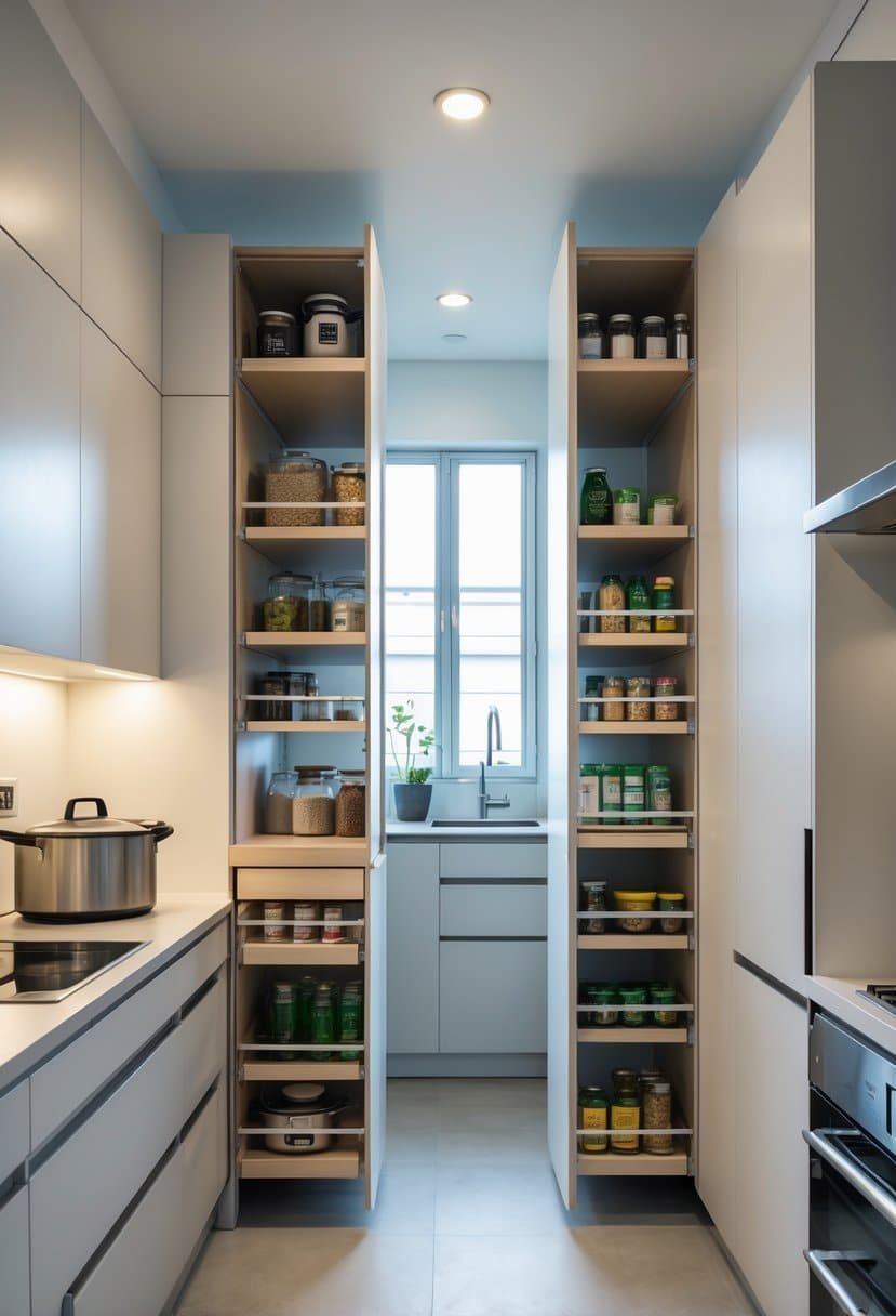 A small modern kitchen with open pull-out pantry units showing organized shelves and compact appliances.