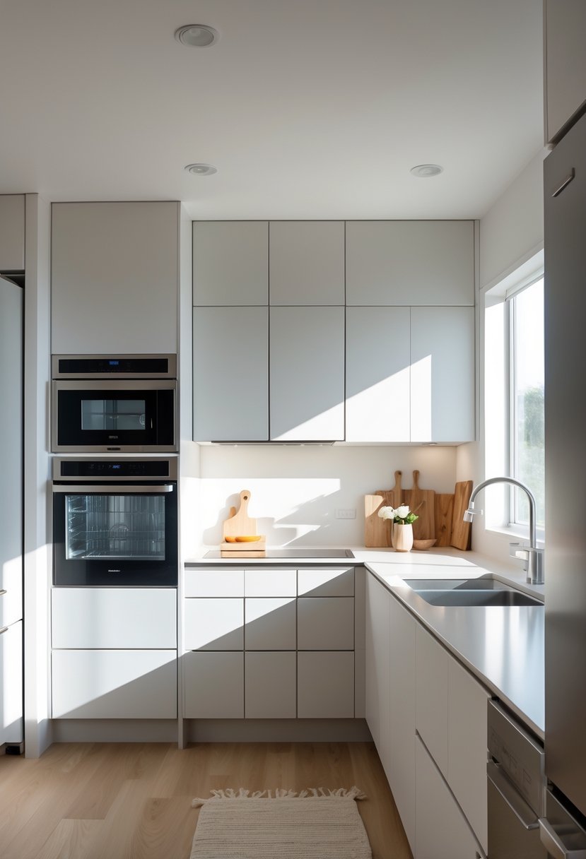 A small modern kitchen with built-in appliances and smooth, seamless surfaces.