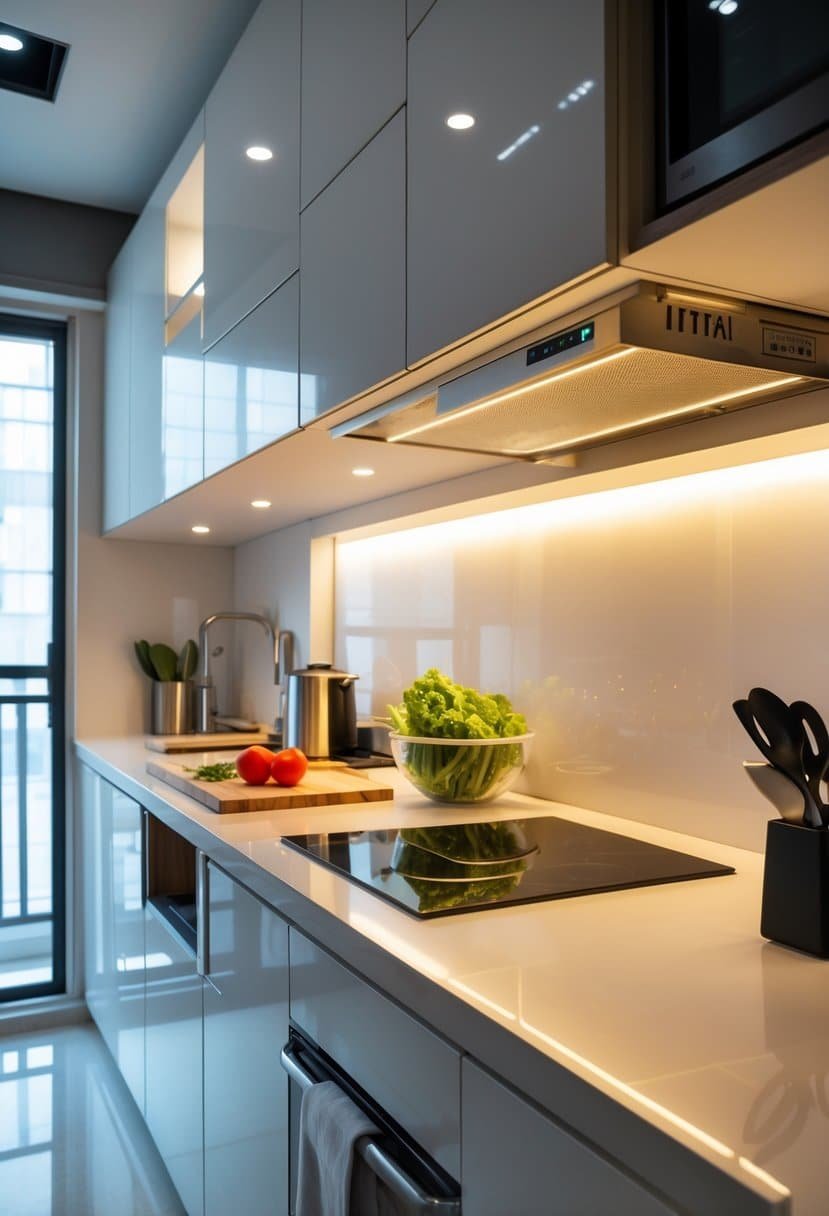 A small modern kitchen with under-cabinet LED lighting illuminating the countertop and modular cabinetry.