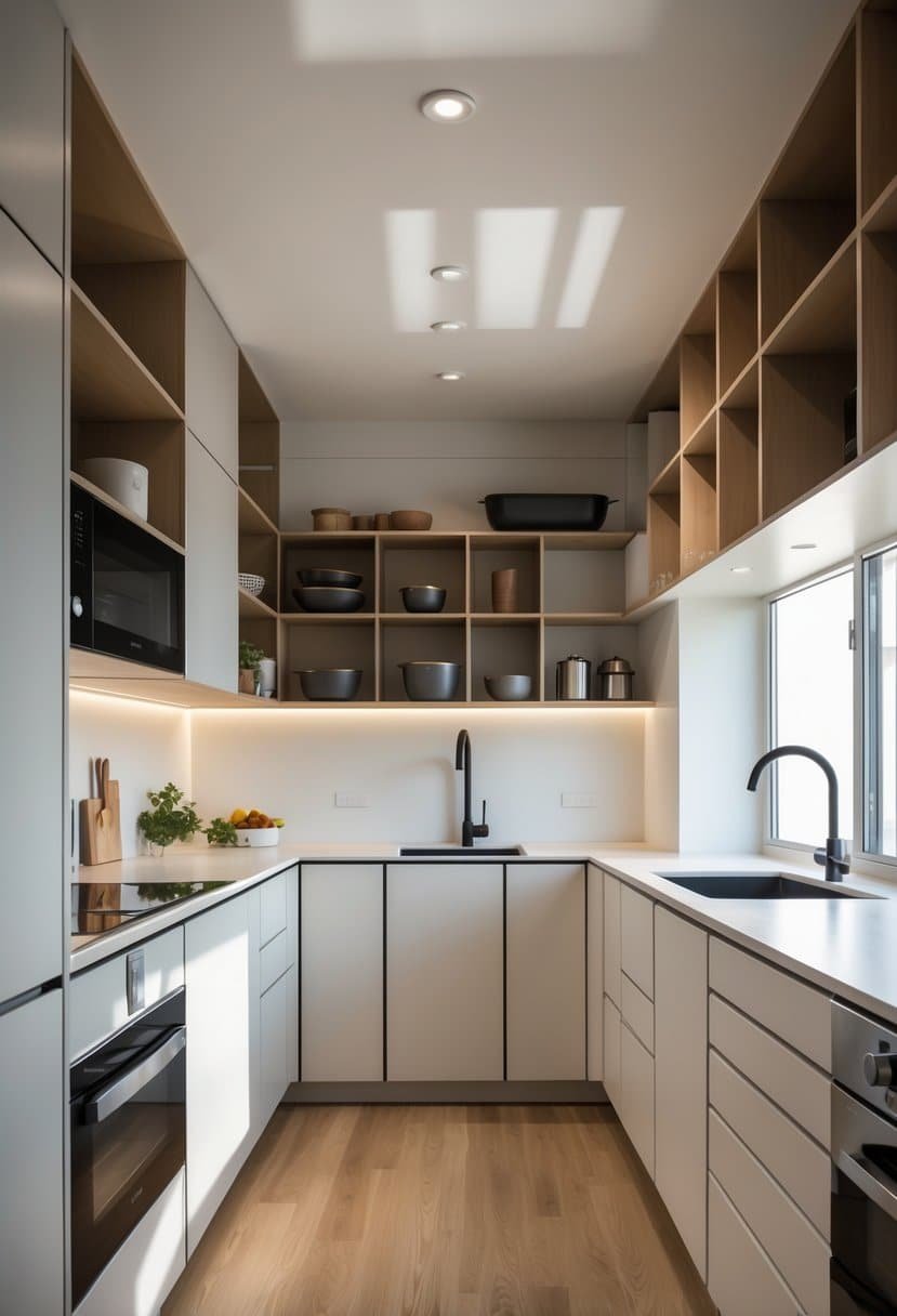 A small modern kitchen with sixteen modular storage units arranged in a flexible layout, featuring cabinets, shelves, and appliances.