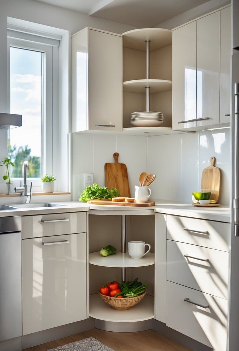 Small kitchen with modular cabinets featuring a corner carousel shelf filled with kitchen items.