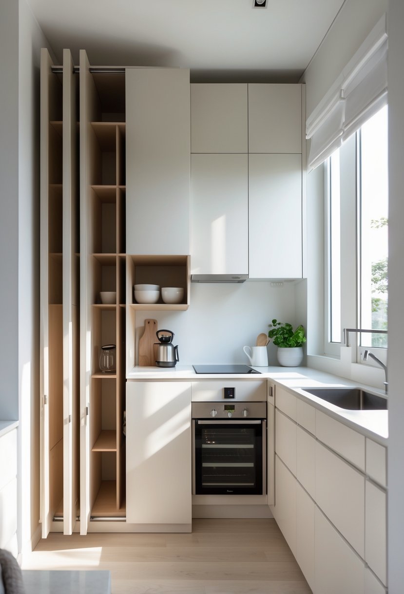 A small kitchen with sliding cabinet doors open to show organized shelves, bright natural light, and a compact modular layout.