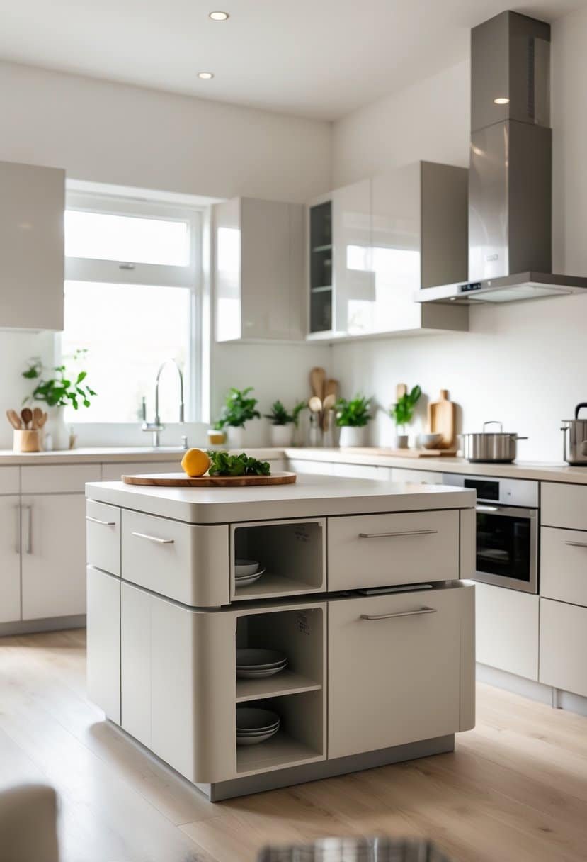 Small modern kitchen with several compact modular kitchen islands featuring built-in storage and organized layout.