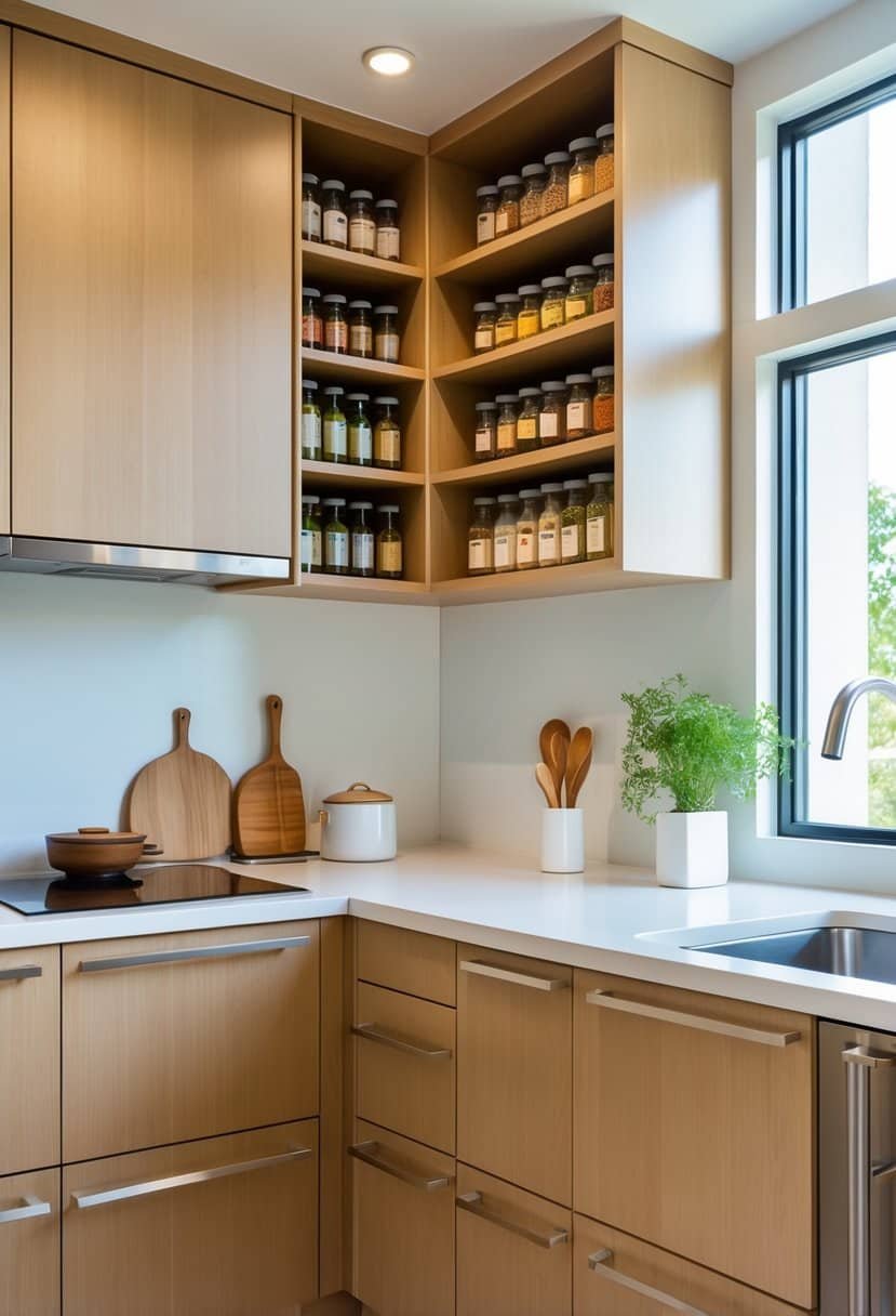 A small kitchen with built-in spice racks integrated into wooden cabinetry and a clean countertop.