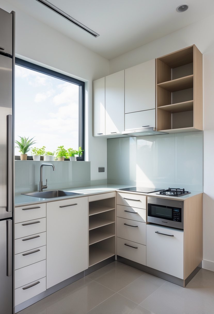 A small modular kitchen with 16 compact units made of moisture-resistant materials, featuring cabinets, drawers, a sink, and stove in a bright, organized space.