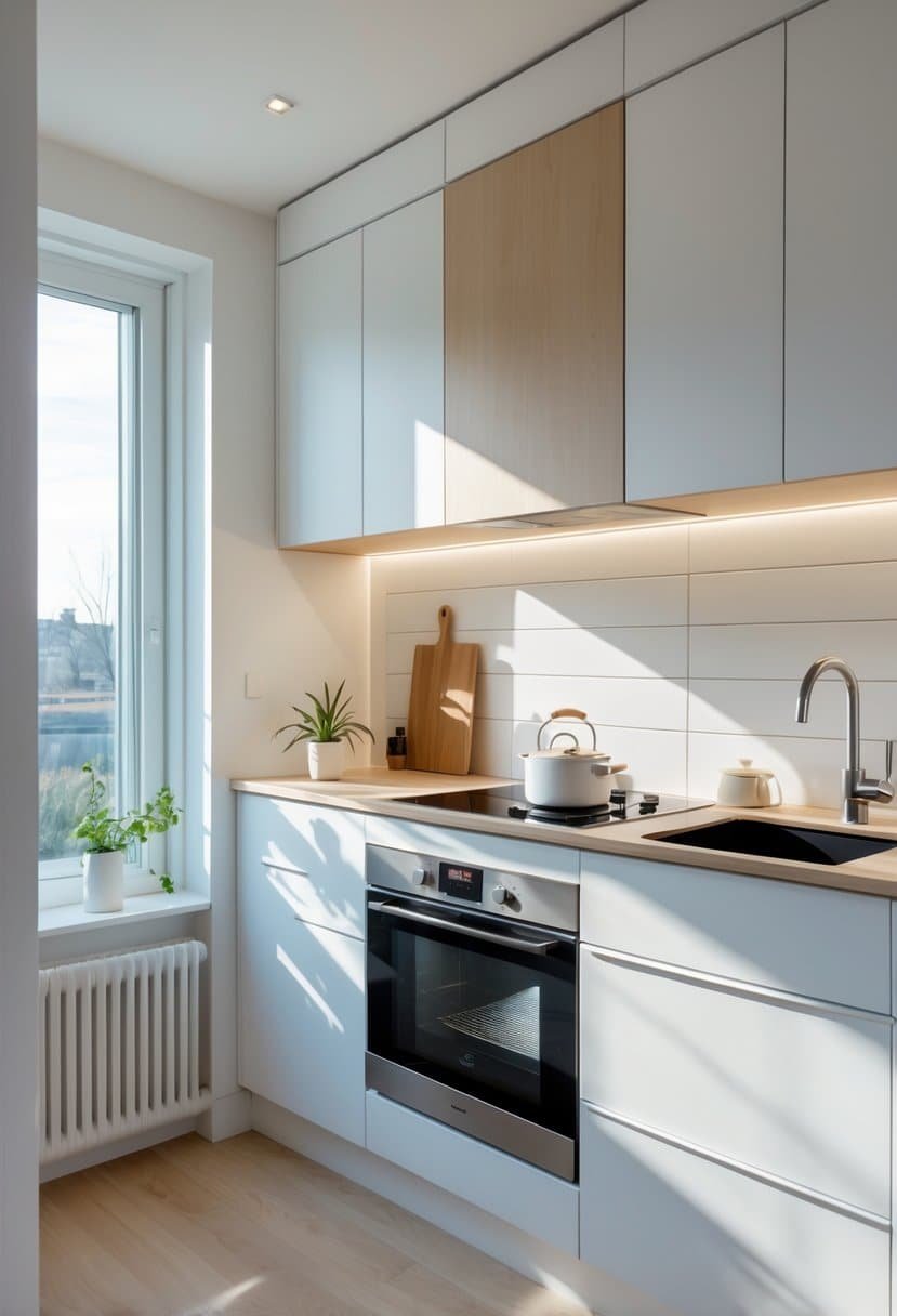 A narrow single-wall kitchen with white cabinets, built-in appliances, and natural light coming through a window.