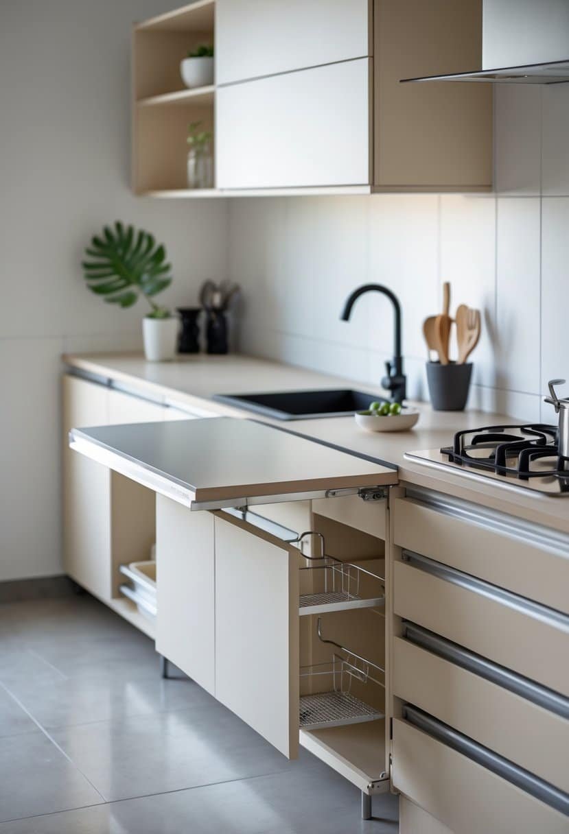 A small kitchen with a foldable countertop extended to increase workspace, surrounded by modular cabinets and modern appliances.