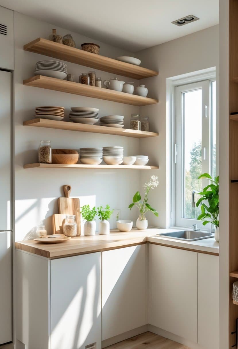 Small modular kitchen with open wooden shelves displaying kitchenware and plants above a clean countertop.
