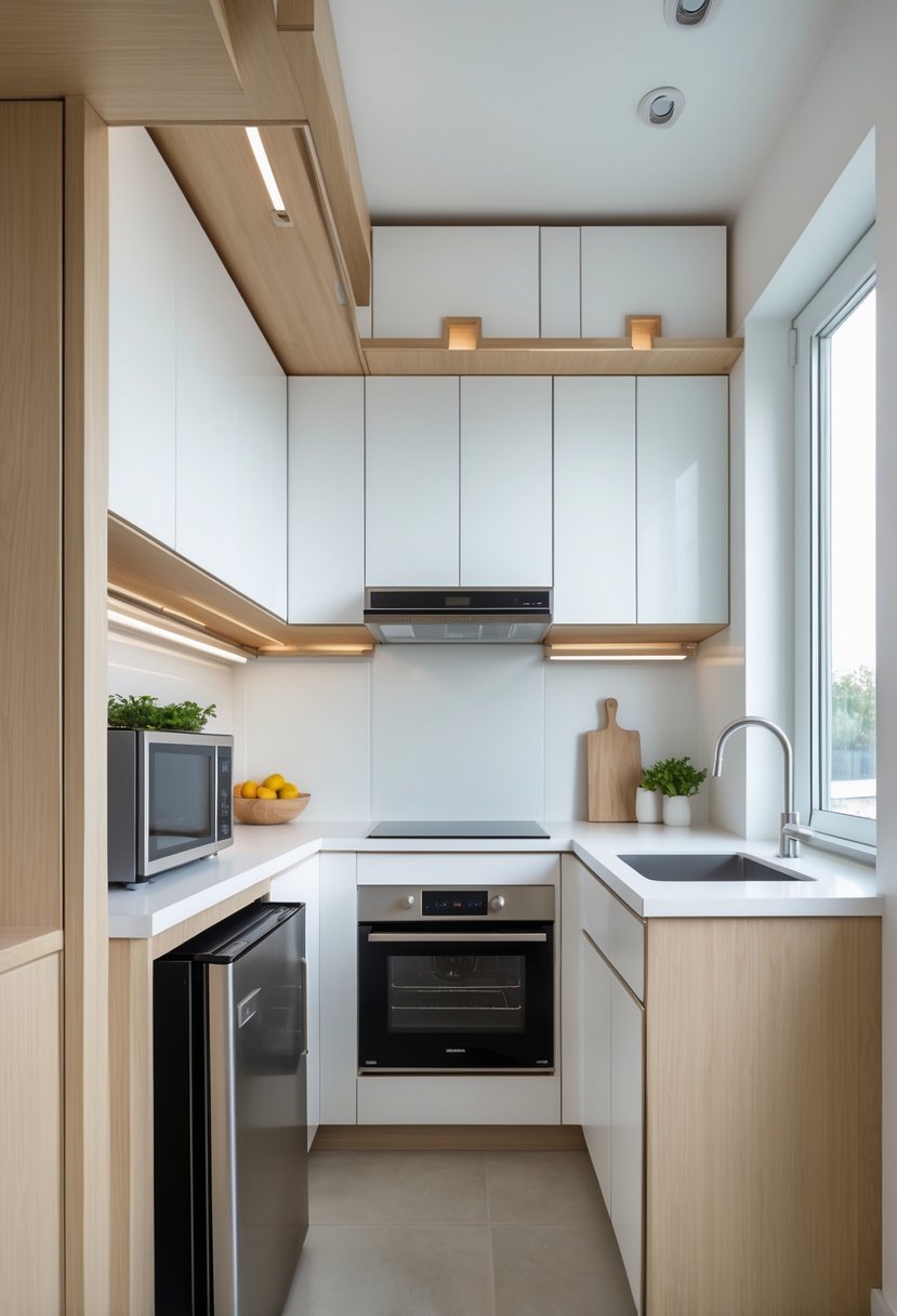 A small kitchen with modular cabinets and energy-efficient appliances arranged efficiently in a bright and organized space.