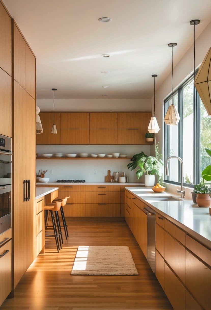 A bright and spacious kitchen with wooden cabinets, a large island, pendant lighting, and natural light coming through large windows.