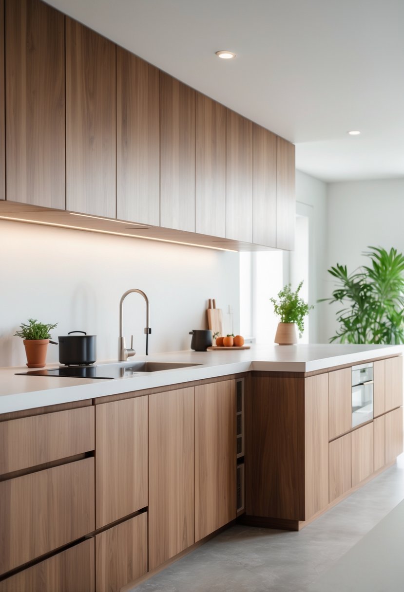 A modern kitchen with flat-front walnut cabinets, a spacious island, stainless steel appliances, and bright, clean countertops.