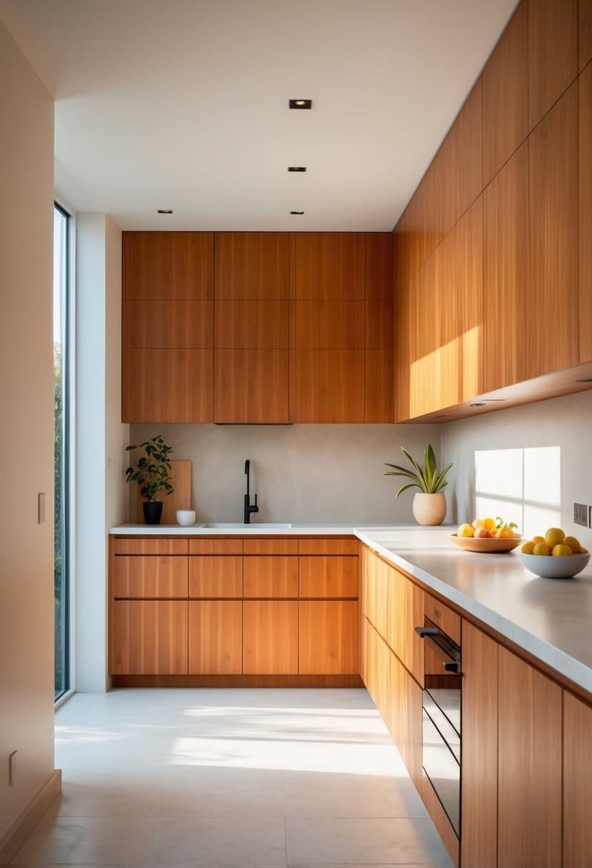 A bright kitchen with warm wood cabinets, light countertops, and natural light coming through large windows.