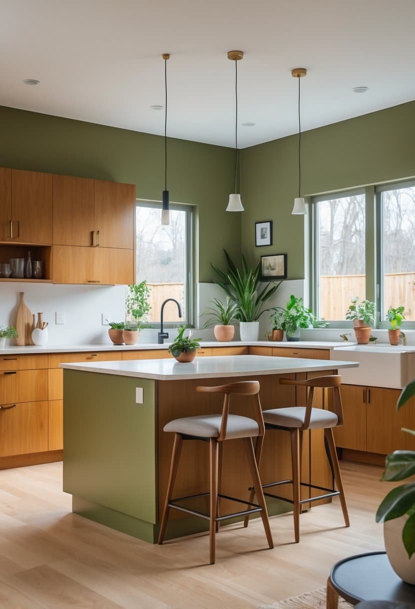 A modern kitchen with olive green walls, wooden cabinets, a kitchen island with bar stools, and natural light coming through large windows.