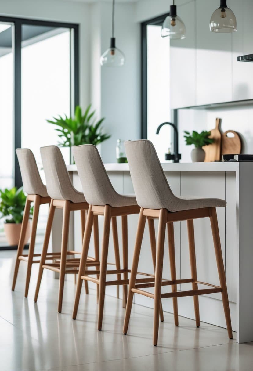 A bright kitchen with a row of wooden bar stools lined up along a kitchen island.