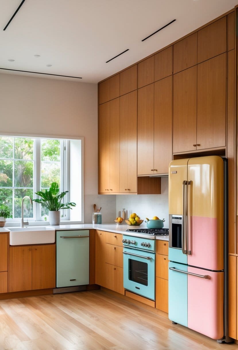 A bright kitchen with built-in colorful appliances, wooden cabinets, and a clean countertop with fruit and a plant.
