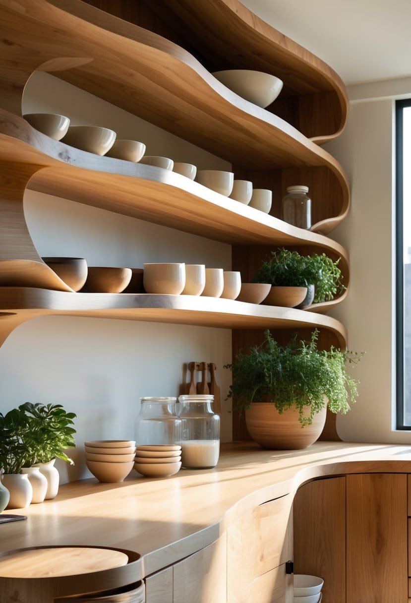 A modern kitchen with open wooden shelves holding dishes, jars, and plants above a clean countertop.