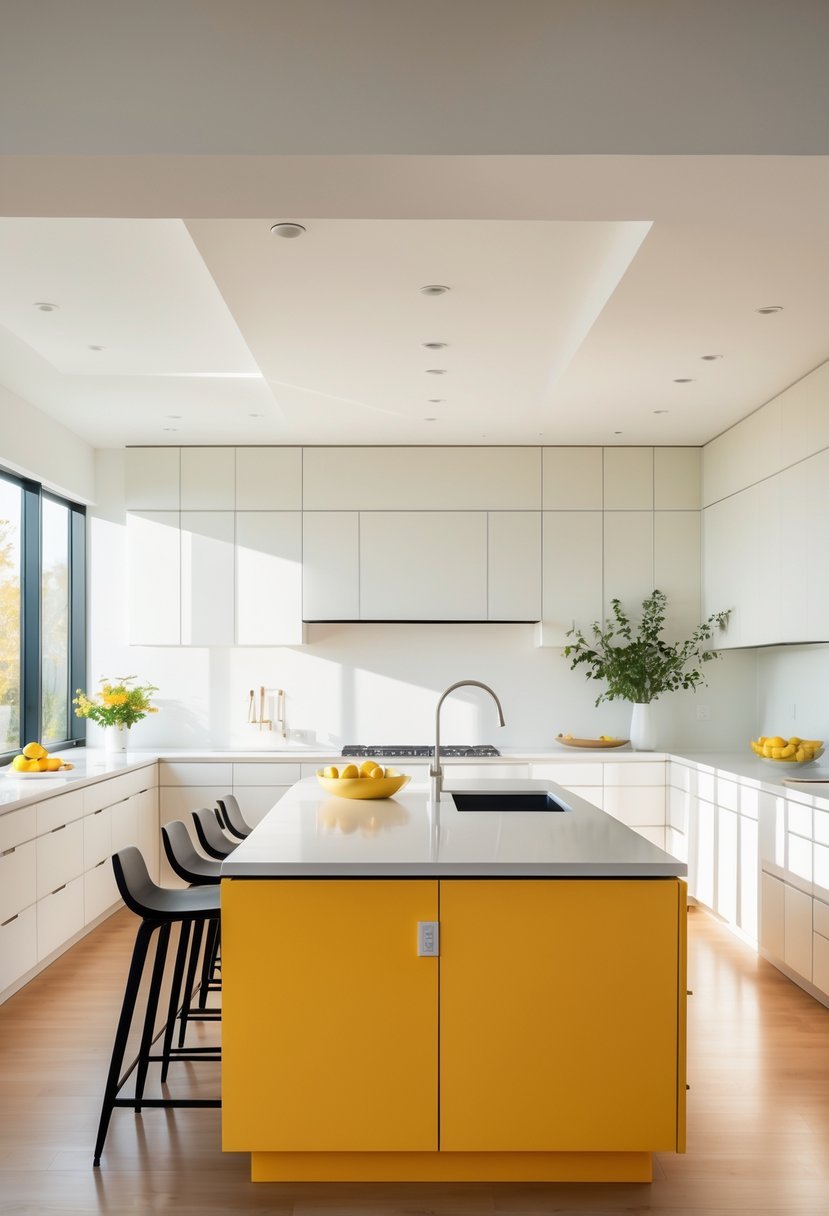 A bright kitchen with a yellow island countertop, bar stools, and large windows letting in natural light.