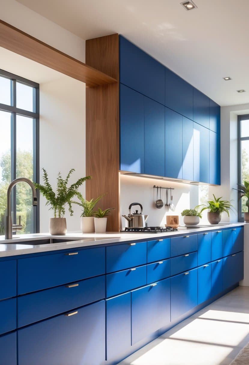 A bright kitchen with royal blue drawers, light countertops, wooden accents, and modern appliances.
