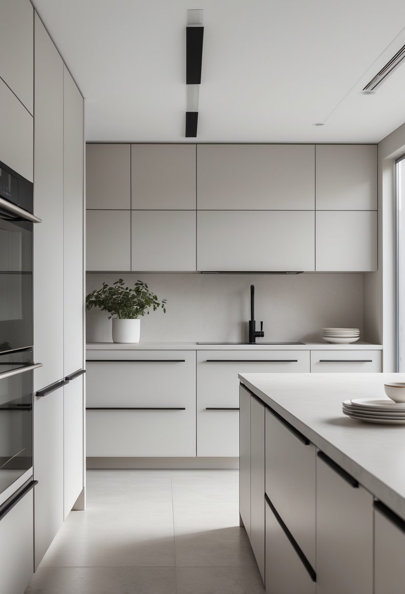 A bright kitchen with smooth cabinetry, matte black handles, stone countertops, and simple kitchen fixtures.
