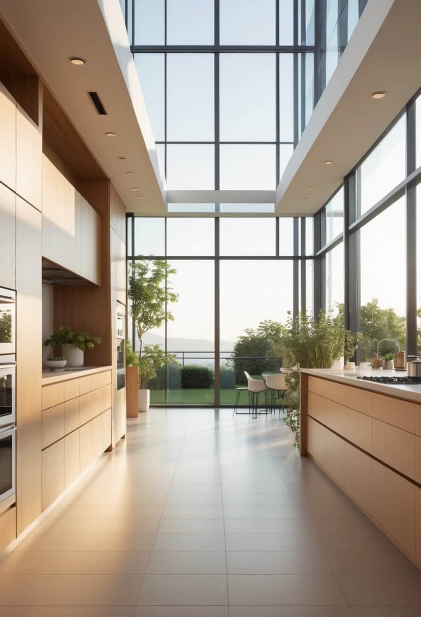 A bright kitchen with large windows letting in natural light, featuring a central island and modern cabinetry.