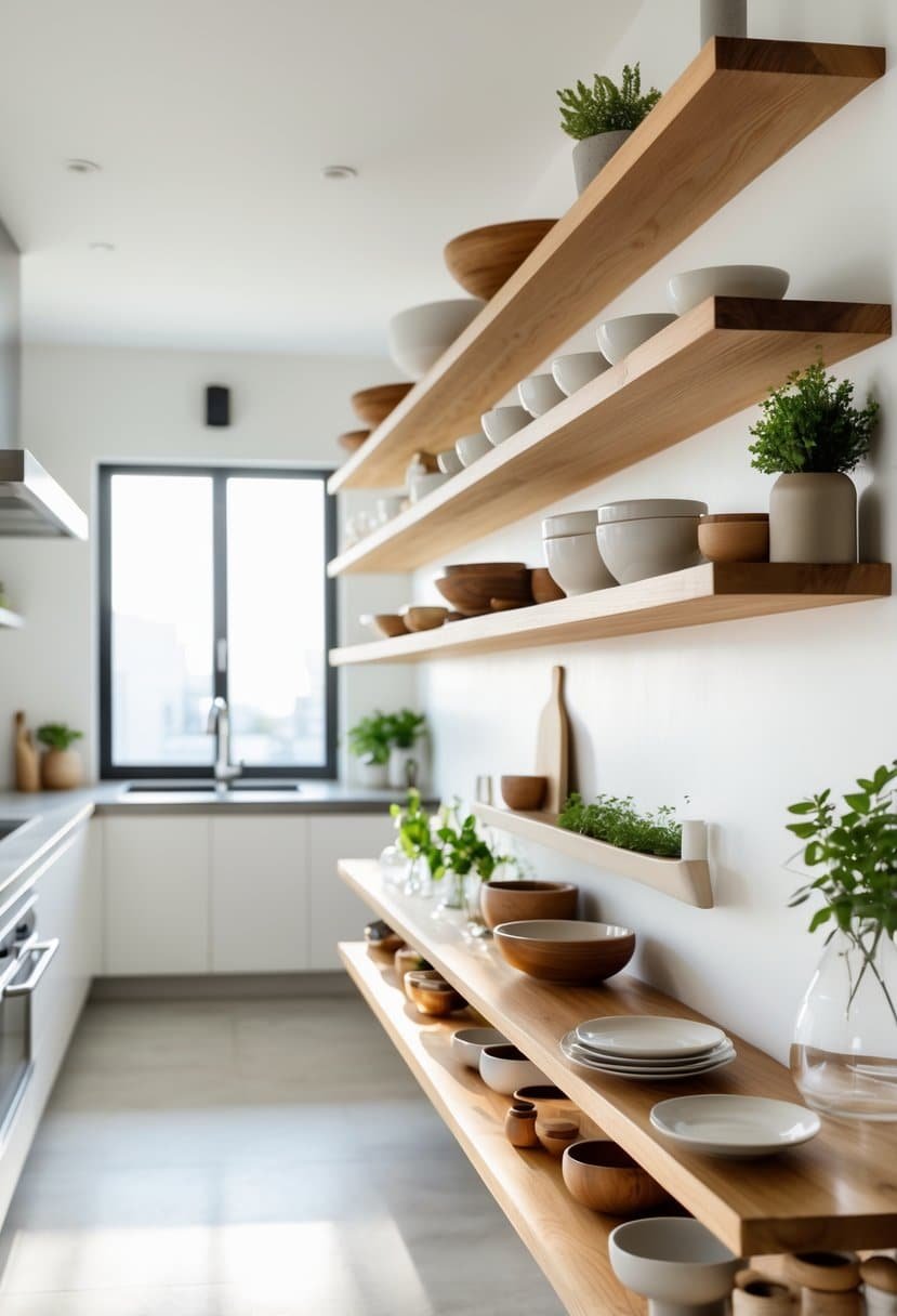A bright kitchen with natural wood floating shelves holding kitchenware and plants above a countertop.